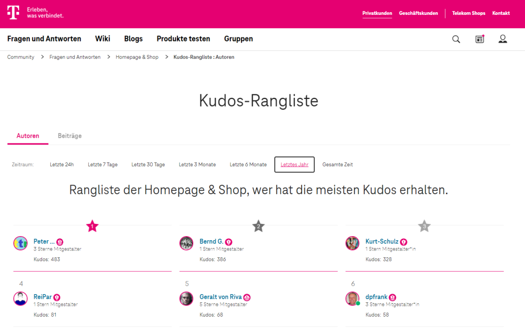  Kudos im Forum der Telekom unter Homepage & Shop  